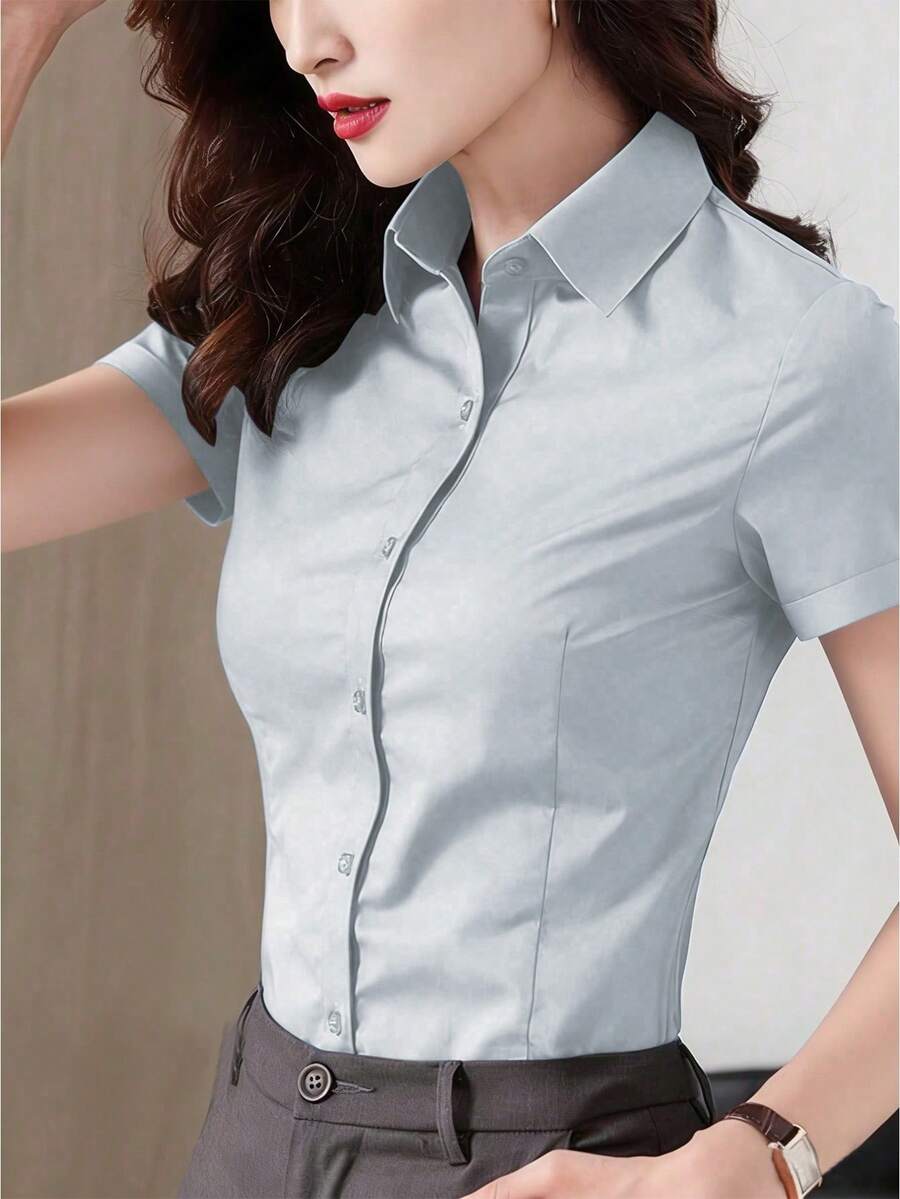 浅蓝色女士短袖衬衫,办公工作服,西装内衬,2025春夏新款,夏季商务正装上衣 - 清水蘭 - 查看 1