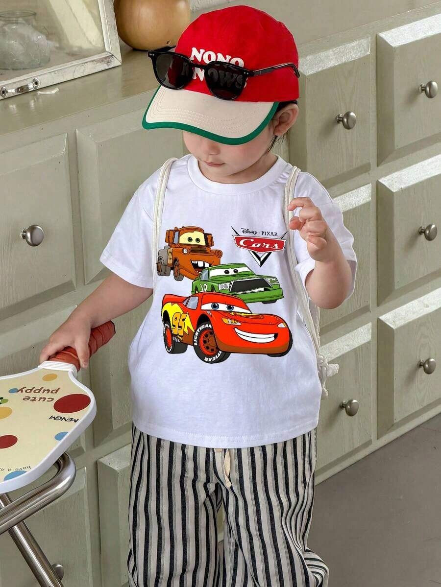 Disney-Licensed Casual And Simple Round-Neck Short-Sleeve T-Shirt Features Lightning McQueen And Tow Mater From 'Cars.' Designed For Infants, It Is Suitable For Both Boys And Girls And Is An Ideal Choice For Summer Wear. - trắng - Xem 1