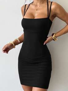 Vestido de verano de cuello cuadrado y espalda descubierta de unicolor, por favor, haga el pedido de acuerdo con la tabla de tallas para boda, negro, primavera, fiesta - Negro - Ver 3