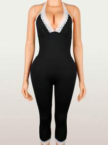 Bộ jumpsuit ren thanh lịch mùa hè, kiểu dáng sang trọng, hở lưng, cổ yếm, thích hợp cho đi chơi, công sở. - màu đen - Xem 5