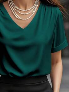 1 chiếc áo thun nữ tay ngắn cổ chữ V màu trơn bằng vải satin, kiểu dáng thanh lịch, phù hợp mặc hàng ngày, đi làm, ở nhà, hẹn hò, mùa xuân hè. - màu xanh lá - Xem 4