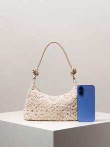 Women's Floral Print Shoulder Bag, Bohemian Style Summer Beach Bag, Essential For Travel & Vacation, Comes With Crochet Set - Apricot - View 3