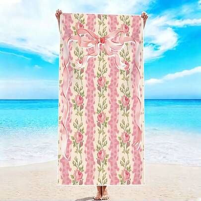1条超大号沙滩巾，饰有蝴蝶结和玫瑰图案，柔软速干，奢华超大尺寸，适合泳池、旅行、露营、瑜伽、健身房等场合，是夏季海滩必备单品，也是送给成人或朋友的礼物。