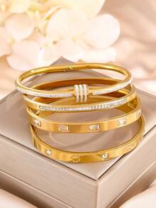 1/4pcs 18K Gold Plated Stainless Steel Rhinestone Bangle Set - Suitable For Fashionable Women, Daily Wear, Office, Party, Date, Anniversary Gift - Bracelet - View 10