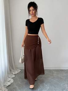 Jupe longue en mousseline de soie marron à plusieurs couches pour femmes, détail de bouton de perle, élégante et décontractée, fluide pour la plage, les vacances et les fêtes - Tabac - Voir 5
