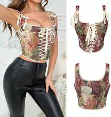 Women's Vintage Floral Corset Top Renaissance Camisole Gothic Overbust Bustier Shapewear - Brown - View 2