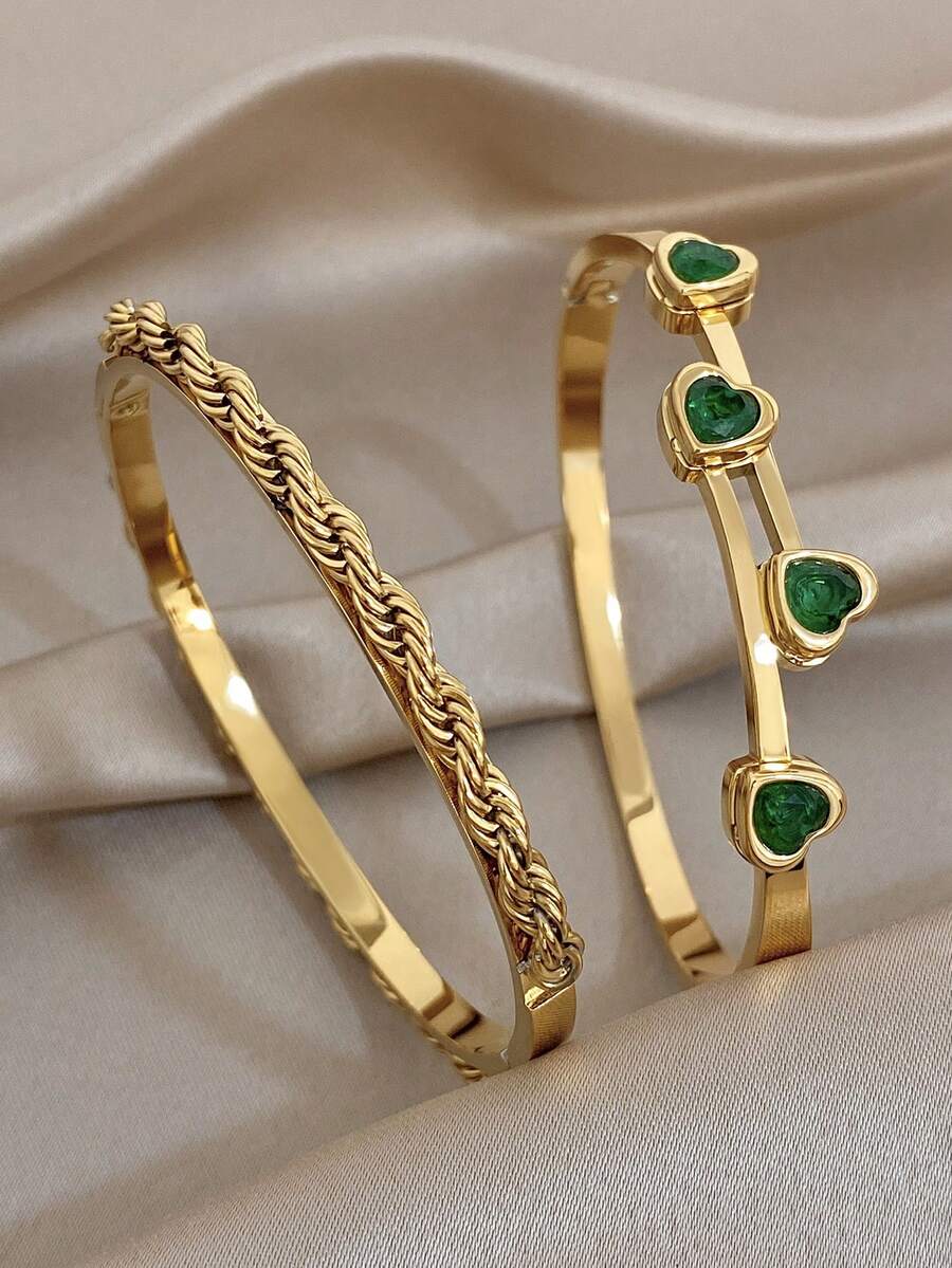 18K Gold Plated Stainless Steel Green Zirconia Heart-Shaped Bracelet, Women's Bracelet, Heart-Shaped Bracelet, Stainless Steel Jewelry, Designer Jewelry, Suitable For Daily Wear, Holidays, Dates, Parties, Valentine's Day, Easter, Mother's Day, Beach, Summer, Bohemian Style - Multicolor - View 1