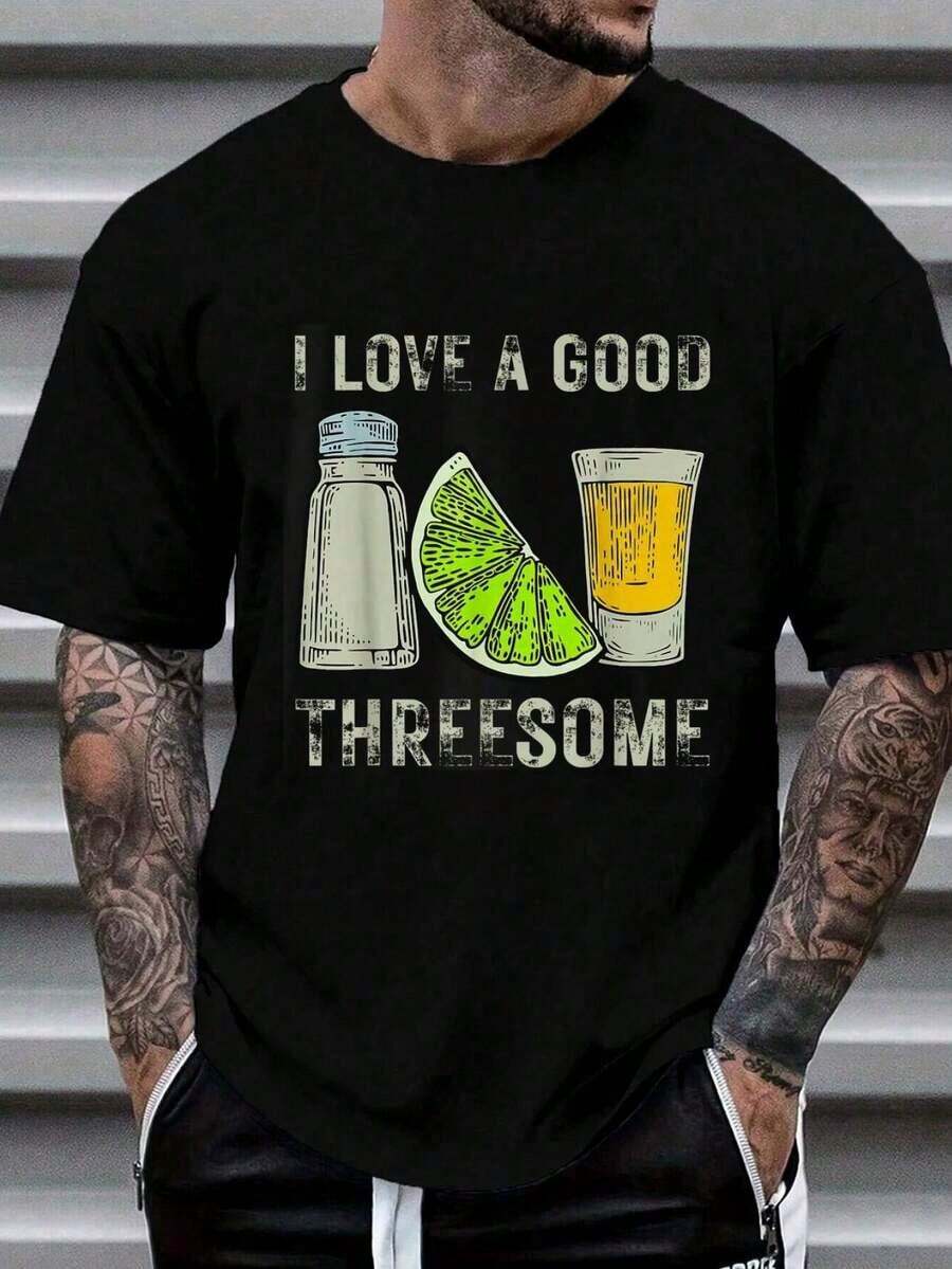 T-Shirt 100% Cotone con Scritta Divertente "I Love A Good Threesome Tequila Barman" per Uomo e Donna, Maglietta Grafica Casual a Maniche Corte - nero - Visualizzare 1