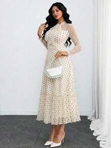 Women's Elegant, Sexy, Romantic, Retro Polka Dot Double-Layer Bow Dress, Suitable For Commuting, Dating And Vacation Black Spring - 杏 - 查看 6