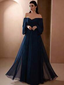 Women's Solid Color Off Shoulder Lantern Sleeve Casual Wedding Dress Spring White - Navy Blue - View 3