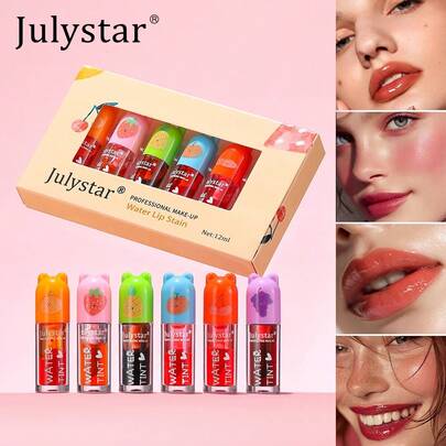 Julystar Set de tintes labiales con sabor a fruta, 6 colores con aroma jugoso de larga duración, mini paquete de brillo labial teñido delicioso