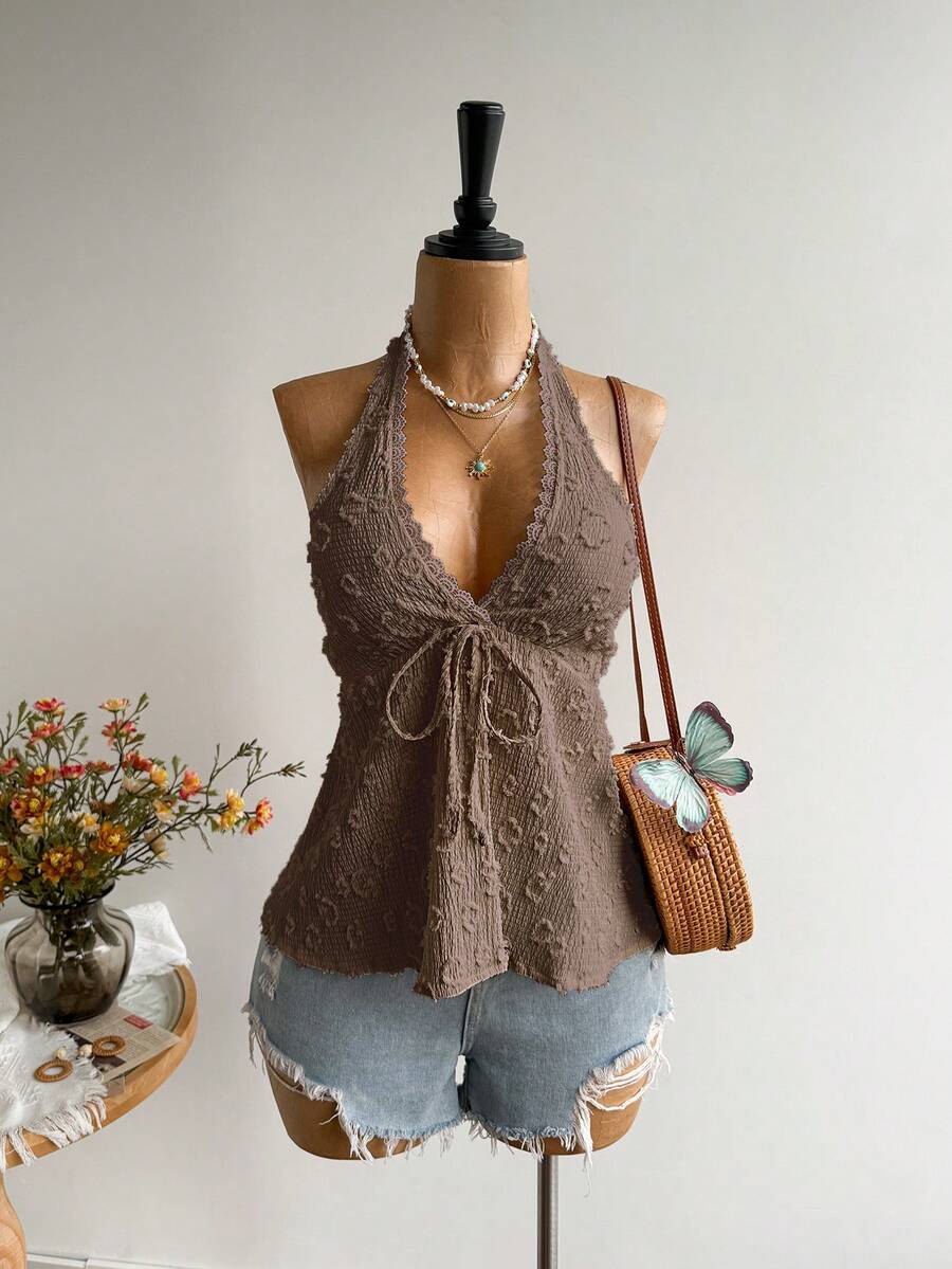 Temptaria Trang phục đi biển phong cách Bohemian hở lưng thoải mái cho nữ, áo yếm dự tiệc âm nhạc Hawaii mùa hè. - Màu nâu  Mocha - Xem 1