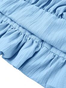 abyoxi Women's Light Blue Textured Ruched, Halter Neck, Metal Ring Detail, Bubble Hem Short Dress, Casual And Sweet, Beach Vacation, Everyday Going Out, Date, Spring Summer Mini Dresses - Light Blue - View 9