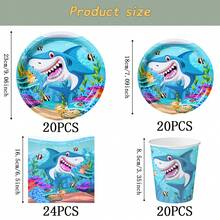 可爱鲨鱼图案一次性餐具套装，7/9英寸派对餐盘，一次性纸盘、纸杯、餐巾纸，适用于节日、婚礼、订婚、生日、派对、庆典等场合。 - 多色 - 查看 7