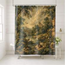 French Verdure Tapestry Shower Curtain, Vintage Château Bathroom Decor, Antique Style Bath Curtain - A - 查看 10