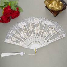 Lace Handheld Folding Fan Embroidered Flower Decorative Folding Fans Japanese Hand Fan 1920s Costume Wedding Bridal Dancing Tea Party (1, White) - trắng - Xem 5