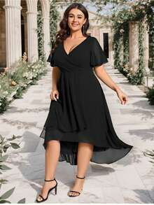 EVERPRETTY Plus Size Women's Chiffon Ruffle Hem Solid Color Elegant High-Low Hem Black Bridesmaid Dress, Spring/Summer Wedding Guest Dress, Bride's Mother Formal Dress - Black - View 7