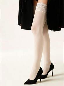 1双白马油浸润孔雀蕾丝边性感亮面硅胶防滑大腿袜 - 彩色 - 查看 2