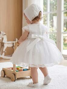 女婴高档蕾丝刺绣白色洗礼服,适合婚礼、生日派对等场合,附赠帽子,0-2岁 - 白色 - 查看 7