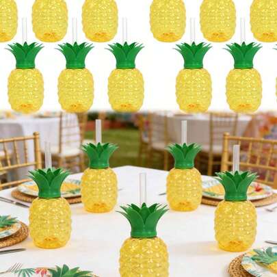 6pcs Plastic Pineapple Shaped Cup With Straw - Strawberry Pattern Design | Suitable For Hawaiian Theme Birthday Party, Tropical Summer Beach Party Decor, Hawaiian Beach Party Tabletop Arrangement And Seasonal Decoration