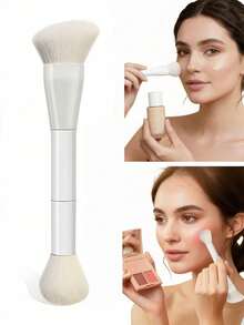 1 pieza Pincel de maquillaje portátil multifunción de doble extremo, cepillo de base, contorno, polvos y colorete, fabricado en tubo de aluminio lacado, unisex - Blanco - Ver 2