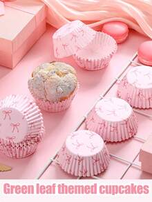 100pcs Pink Bow Print Cupcake Liners, Grease-Proof Baking Cups With Ruffled Edges, Suitable For Muffins And Cupcakes, Great For Mother's Day, Birthday, Baby Shower And Party Dessert Decoration. - Pink - View 4