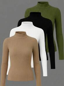 Set Of 4 Women's Ribbed Turtleneck Blouses With High Neck - Elegant Fashion - 綠色 黑色 白色 裸體 - 查看 1