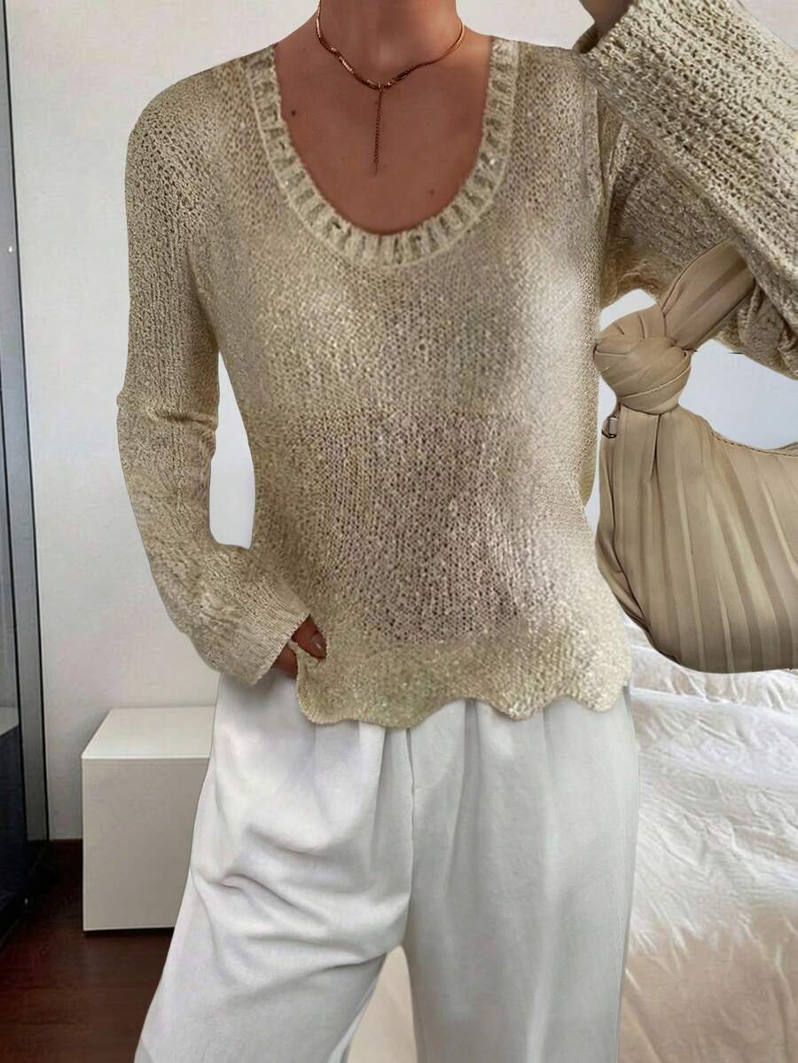 Freeform Autumn/Winter New French Elegant Casual Solid Color Women Knit Pullover, Women Knit Sweater, Suitable For Vacation, Beach, Everyday Wear - Apricot - View 1