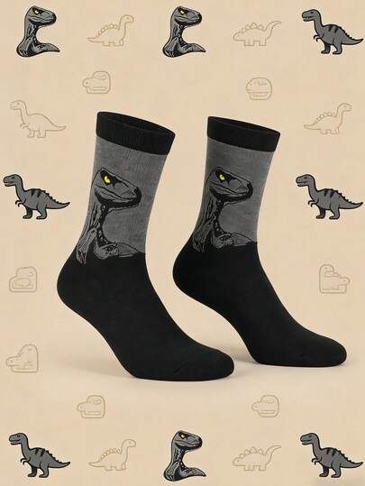 一双男女通用恐龙主题袜子 - 卡通迅猛龙和恐龙图案，创意新奇袜子，适合日常休闲穿着，是恐龙和古生物学爱好者的理想礼物，四季皆宜的时尚休闲袜