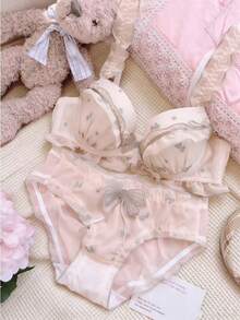 Belle Étoile Embroidered Breathable Sweet Cute Lingerie, Pure Desire Sexy, Small Bust Gathering, Wireless Ruffle Bra Set - Skin Tone Set - View 3