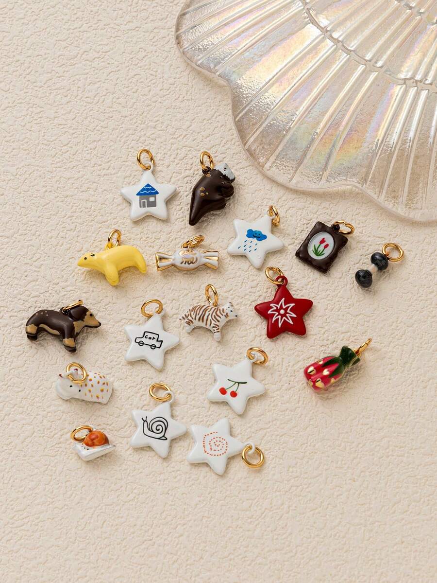 1件新款田园风夏季绘画插画DIY吊坠，采用14k铜材质，包含白虎、福袋、糖果、海狮、哑铃、小房子等图案元素。 - 彩色 - 查看 1