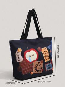 Navy Blue Denim Apple Cartoon Canvas Tote Bag, Large Capacity For College Students, Work Commute, School, Suitable For University - Navy Blue - View 5