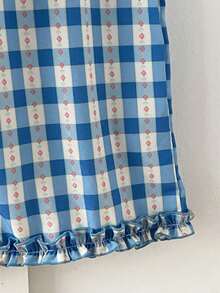 女童休闲修身格子衬衫长裤套装，夏季 - 淺藍色 - 查看 7