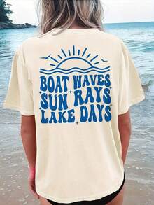 100% Cotton T-Shirt - [Double-Sided Print][Directional]Boat Waves Sun Rays Lake Days Letter Print Short-Sleeve Round Neck T-Shirt - Vintage Street Style Unisex Loose Cotton Short Sleeve Crew Neck T-Shirt- Festival Outfits - Vacation Outfits Women - Summer Tops For Women - White Top - 杏色 - 查看 6