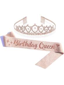 1 Set Rose Gold Birthday Queen Belt And Crown Set - Glitter Belt And Rhinestone Crown - Birthday Party Gift, Elegant Princess Crown Birthday Party Decor, Mom Sister Birthday Gift Hair Accessory - Rose Gold - View 9