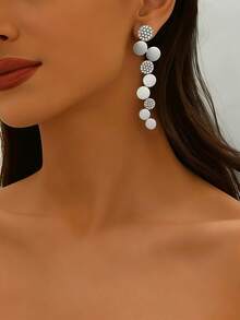 1 Pair Women's Luxury Rhinestone Inlaid Round Dangle Earrings, Elegant For Work Or Party - Silver - View 3