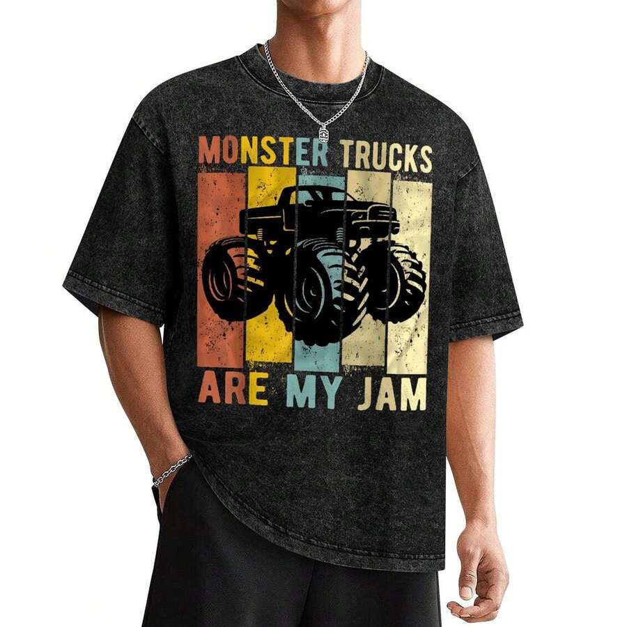 1 Piece "Monster Trucks Are My Jam" Retro Washed T-Shirt, For Off-Road Enthusiasts, Vintage Retro Style, Lively & Colorful, Ideal For Off-Road Event Outfits And Car Fan Gifting. - màu đen - Xem 1