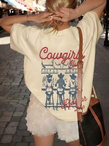 Plus Size Women Western Denim Letter Print Crew Neck T-Shirt, Versatile Casual Summer Top For Street & Daily Wear - Khaki - View 1