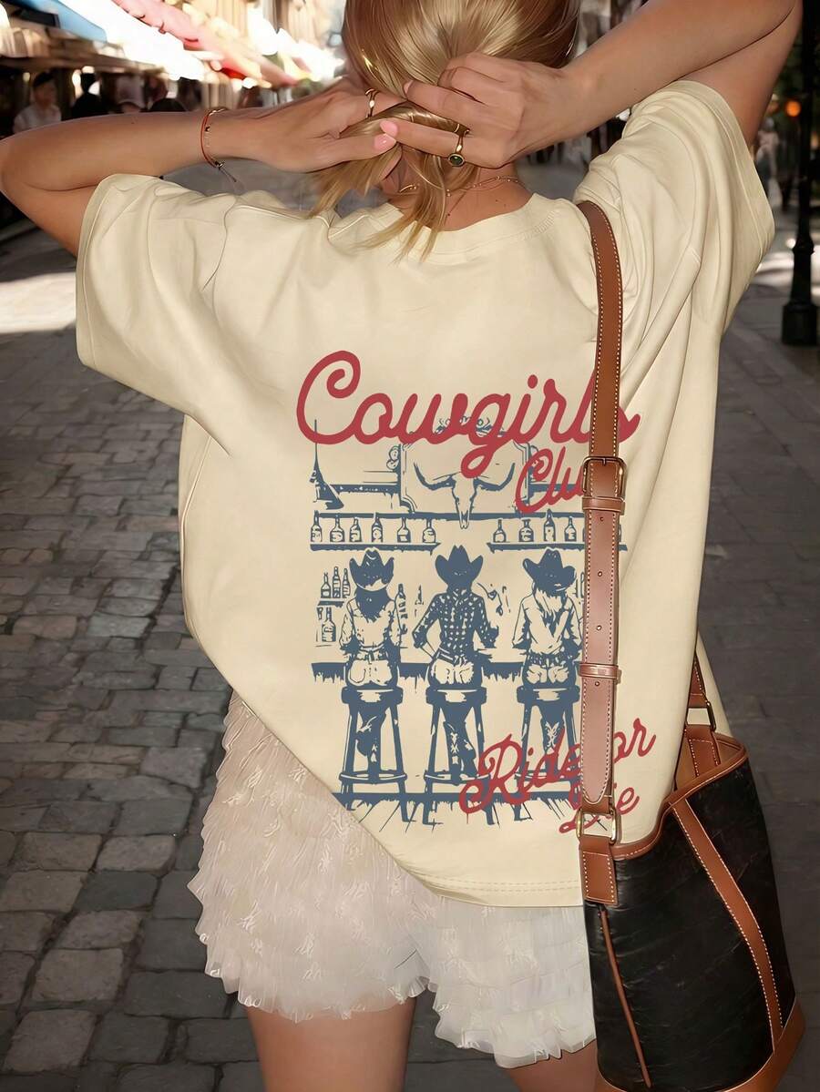 Plus Size Women Western Denim Letter Print Crew Neck T-Shirt, Versatile Casual Summer Top For Street & Daily Wear - Khaki - View 1