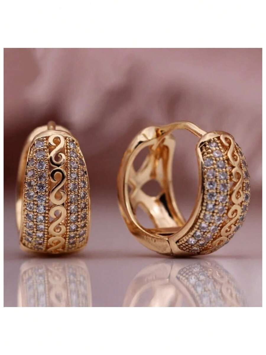 Vintage Ohrringe aus dickem Kupfermaterial mit eingelassenen synthetischen Zirkoniasteinen, handgefertigtes Muster, kleine Kupferohrhaken, Damen Ohrringe (Gold) - Gold - Übersicht 1