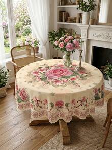 1 pieza Mantel de poliéster rosa vintage con estampado de rosas, hojas y flores - Cubierta rectangular tejida a máquina, ideal para fiestas de primavera y verano, interiores y exteriores, decoración de estilo granja - Multicolor - Ver 9