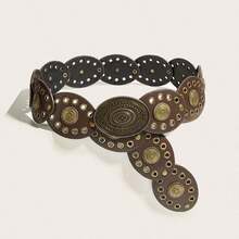 1pc Women's Bohemian Style Brown Patchwork Retro Metal Buckle Belt, Suitable For Dresses, Jeans, Music Festival & Commute Outfits Fall, Autumn, Halloween - Đầu bò nâu - Xem 5