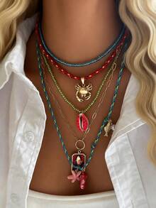 Set de 5 collares con colgantes de conchas marinas, peces, estrellas de mar y cangrejos de estilo bohemio, collares multicapa hechos a mano con cuentas, adecuados para mujeres en vacaciones de playa o fiestas - Multicolor - Ver 1