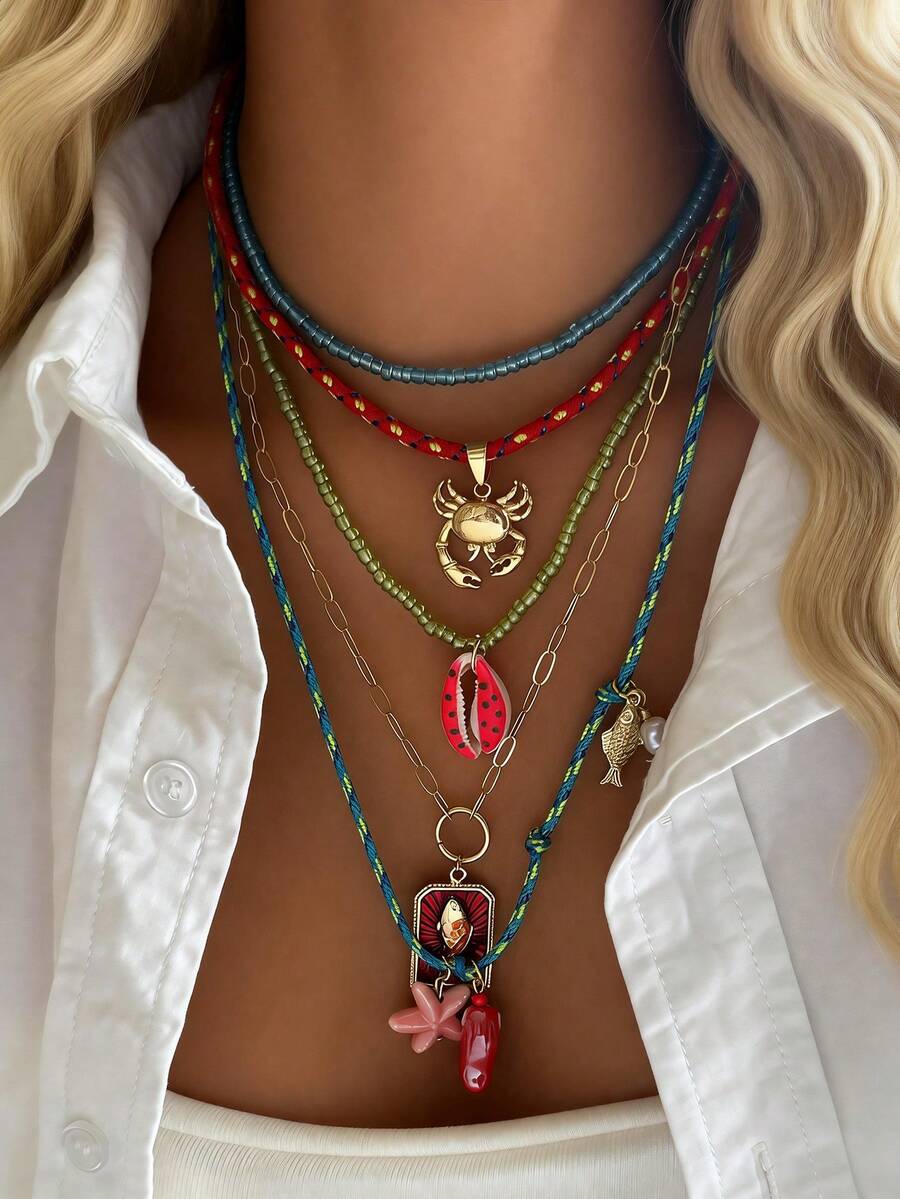 Set de 5 collares con colgantes de conchas marinas, peces, estrellas de mar y cangrejos de estilo bohemio, collares multicapa hechos a mano con cuentas, adecuados para mujeres en vacaciones de playa o fiestas - Multicolor - Ver 1
