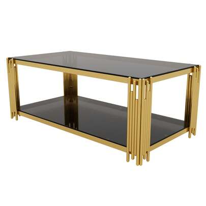 47.5" Modern Black Mirror Coffee Table With Asymmetrical Gold Metal Frame & Lower Shelf, Rectangular Tempered Glass Top, Luxury Living Room Center Table