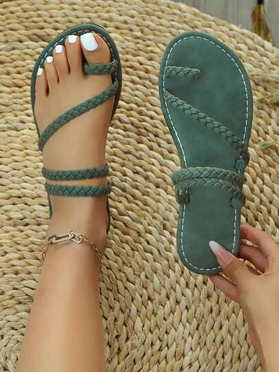 Summer New Fashion Retro Woven Toe Loop Sandals, Soft Bottom Comfortable Outdoor Lightweight Breathable Flat Sandals For Women