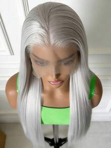 Silver Grey Straight Wig Synthetic Lace Front Wigs Elegant Casual 13x4 Lace Frontal Wig Free Parting Synthetic Lace Front Wigs Natural Looking Synthetic Heat Resistant Fiber Party Daily Use For Girls Daily Party - 灰色的 - 查看 8