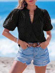PRETTYGARDEN Women's Summer Clothes Tops Fashion Casual Short Sleeve V Neck Buttons Hollow Eyelet Lace Embroidered Blouses Shirts Festival  Beach Vacation - 黑色 - 查看 3