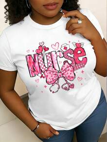 2026 Women' Nurse Letter Print Theme T-Shirt - Nursing Top With Heart Pattern, Bowknot And Stethoscope Design - - 白色 - 查看 9