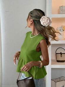 Blusa sin mangas de punto para mujer, estilo minimalista casual, unicolor, bajo con volantes, favorecedora, adecuada para ir a trabajar, citas, vacaciones, tiempo libre - Verde militar - Ver 6